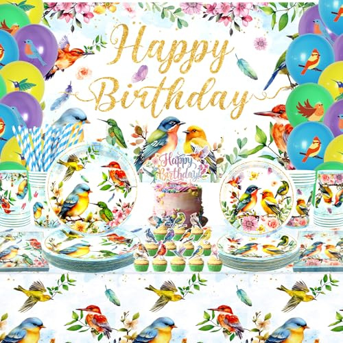 Suministros para fiestas de pájaros, incluye pancartas de feliz cumpleaños, platos, mantel, vasos, globos y popotes, para decoración de fiesta de té de verano con temática de pájaros (telón de fondo)