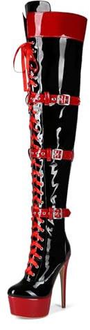 Veelau Meieer Women's Boots Platform Stiletto Lace-Up Boots Punk Motorcycle Overknee Patent Boots Thigh High, black, 13 UK