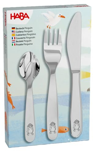 HABA Penguin Cutlery 2012819002 - Cubertería infantil de acero inoxidable con diseño de animales, tenedor, cuchillo y cuchara, apto para lavavajillas, a partir de 12 meses