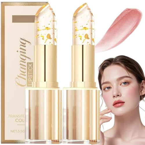 2Pcs Color Changing Lipstick with Gold Foil,Transfer-Proof Colour Changing Lipstick,Long Lasting Lip/sticks 24 Hours with Gold Foil, Lipsti/ck with Go/ld Fo/il Crystal Shine,Hydration Lip Gloss