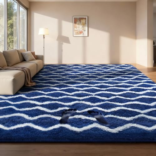 Sour Lemon Teppiche Wohnzimmer 240x300 cm Blau und Weiß Gestreifter Teppiche Waschbar Anti-Rutsch Hochflor Teppich Extra Große Flauschig Moderne Weich Teppich für Schlafzimmer Kinderzimmer