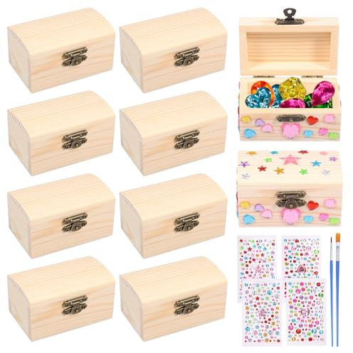 Anihet 10 Pcs Small Wooden Treasure Chest Unfinished Wooden Treasure Boxes with Lid Locking Clasp Small Blank Craft Box for DIY Craftwork Jewelry Storage and Party Favor (9×5.5×5cm) (Style 2)