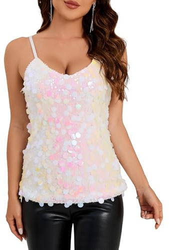 JASGOOD Sequin Tops for Women Sparkly Tank Top Vest Sleeveless V Neck Glitter Strappy Camisole Concert Outfits Party Night