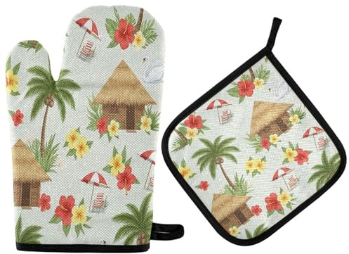 QUGRL Oven Mitts and Pot Holders Set Tropical Hut Palm Tree Flowers Kitchen Oven Gloves Hot Pads Heat Resistant Handling Cooking Cookware Bakeware BBQ