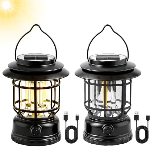2 Pezzi Lanterna Da Campeggio Vintage: Lanterna Da Campeggio a LED Retrò, Dimmerabili, Impermeabile, Portatile, Lampada Solare Da Campeggios per Escursioni, Pesca, Emergenze, Interruzioni Di Corrente