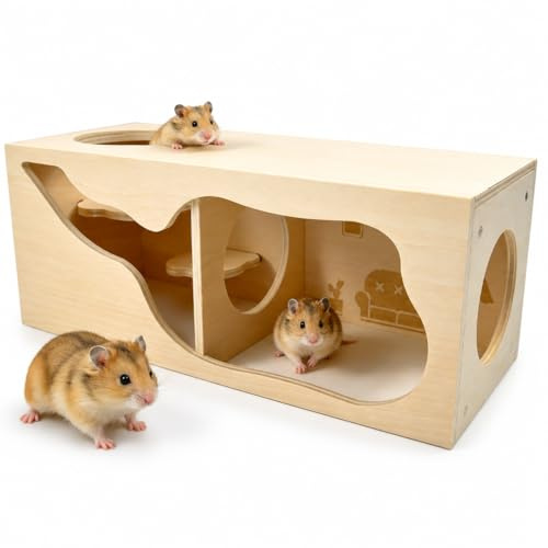 OLRWSLG Hamster Hideout Wooden House Multi Chamber Hides Hamsters Hideout Small Animals Pets Tunnel Exploring Toys Wooden Houses Platform Shelter for Syrian Dwarf Hamsters Rats Mice Gerbils