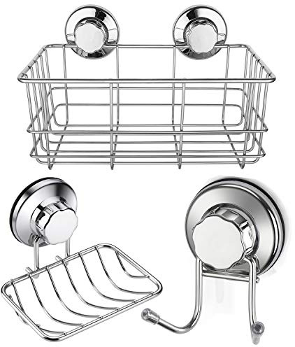 iPEGTOP Strong Suction Cup Combo Shower Caddy Bath Shelves Storage & Soap Dish Holder & Double Towel Hooks Stainless Steel for Bathroom Kitchen Accessories, Set of 3