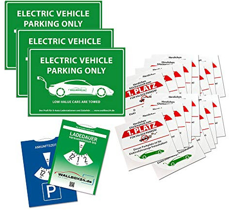 Wallbox24 Parkplatzset 2X Parkscheibe + 3X E-Fahrzeugparkplatz +20x Falschparker Aufkleber Zubehör Elektromobilität