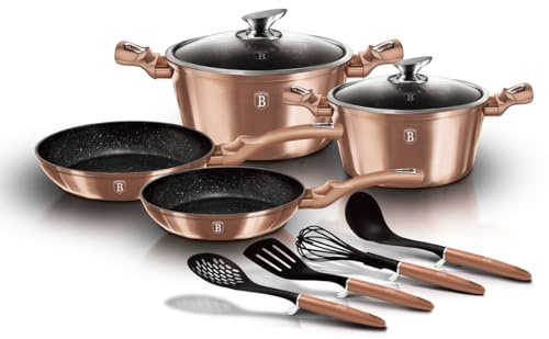 Berlinger Haus Rose Gold 10 Piece Non-Stick Induction Cookware Set Marble PFOA Free Aluminium, 2 Saucepans, 2 Lids, 2 Frying Pans 4 Kitchen Utensils, Metallic Line Design