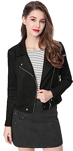 Allegra K Women's Short Jacket Soft Moto Zip Up Pockets Faux Suede Biker Jackets Black S