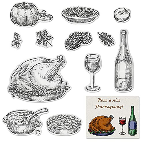 Thanksgiving Day Cooking Clear Stamp for Card Making, Dish Wine Corn Turkey Leaf Apple Autumn Fall Clear Rubber Stamp for Holiday Card Making Decoration and DIY Scrapbooking Album DIY Crafts