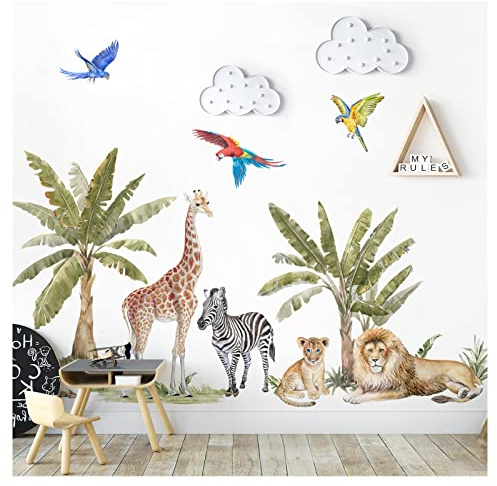Grandora Dschungeltiere Wandsticker Safari Zebra Giraffe Löwe Wandtattoo für Kinderzimmer Wandaufkleber Tropische Bäume Babyzimmer Deko DL842-4