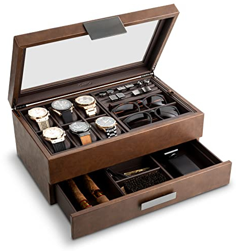 Glenor Co Valet Jewelry Box for Men - Holds 6 Watches, 12 cufflinks, 2 Sunglasses, Drawer & Tray Storage - Mens Watch Case - CarbonFiber Organizer w Metal Accents, PU Leather & Large Glass Lid - Brown