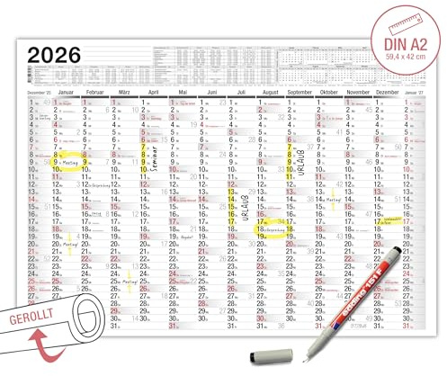 TOBJA Abwischbarer Wandkalender 2026 A2 inkl. Markenstift | Kalender 2026 A2, gerollt versendet, 14 Monate | Jahreskalender mit Ferien 2026 | 250g/m² Papier