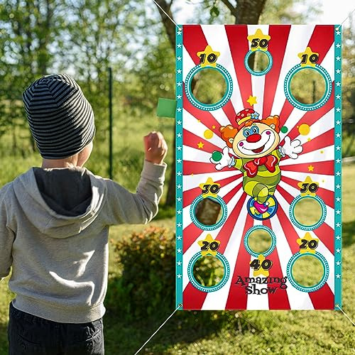 APOMOONS Bannière de Clown Jeux de Carnaval avec 4 Sacs de Haricots Sac de Fèves de Cirque Jeu de Lancer pour Les Activités de Fête de Carnaval, Grandes Décorations de Carnaval, Fournisseurs de Cirque