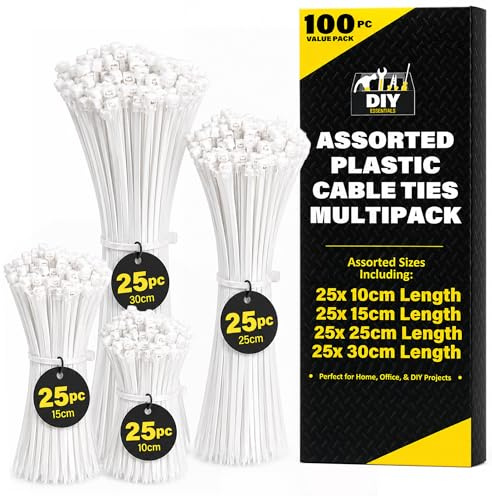 SOL 100pcs White Cable Ties 100mm 150mm 250mm 300mm Assorted Heavy Duty Self Locking Nylon Zip Ties for Electrical Wiring Management Garden DIY Organisation Strong Fastening Indoor Outdoor Use