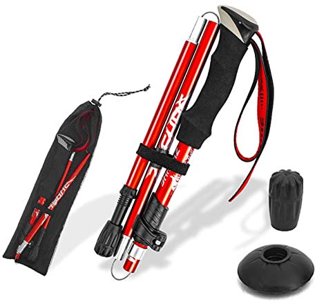 Gecheer Wanderstöcke,Nordic Walking Stöcke Damen&Herren Wanderstock verstellbar 110-130cm mit Gummikappe/Schneekorb/Tragetasche Leichte Faltbare Trekkingstöcke für Skifahren und Wandern Rot