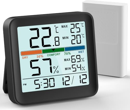 VOCOO Termómetro Para Interiores y exteriores Higrómetro Monitor de Humedad Medidor de Temperatura Digital Estaciones Meteorológicas con Retroiluminación LCD Reloj Fecha Valor Mínimo/Máximo