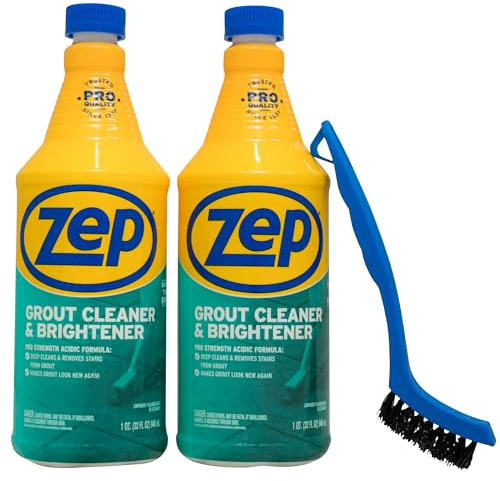 Zep Grout Cleaner and Brightener and Easy to Use Handheld Brush - 32 oz (Case of 2) - ZU104632 - Deep Cleaning Formula Removes Old Stains From Grout