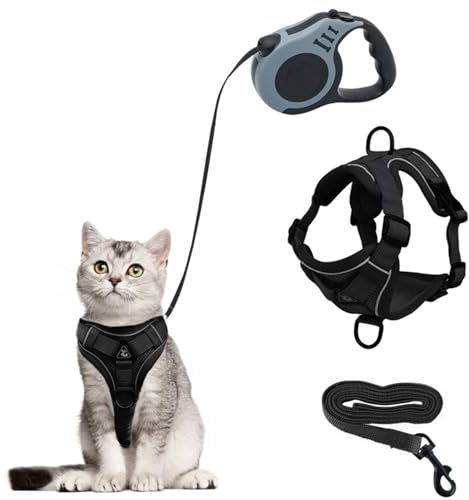 Juego de arnés y correa para gato, arnés para gatitos a prueba de escape con correa retráctil para gatos, correa extensible automática de 5 m, para perros, cachorros, mascotas que caminan (negro, M)