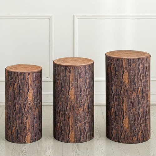 QUARKZMAN Juego De 3 Fundas Para Soporte Cilíndrico De Textura De Madera, Funda Para Soporte De Plinto Para Decoración De Fiestas, Solo Contiene Fundas Cilíndricas (Tela Elástica - Pequeña)