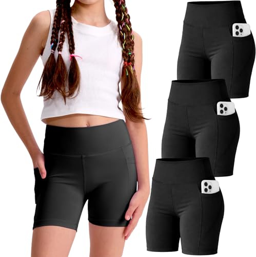 SKIDREAM 3 Pack Girls 4'' Biker Shorts with Pockets, High Waisted Athletic Running Yoga Shorts for Kids Teen