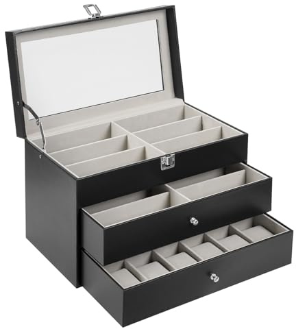 Caja para relojes de 3 niveles con 24 ranuras – Joyero, estuche para gafas y estuche de almacenamiento para relojes, gafas, joyas, anillos y más