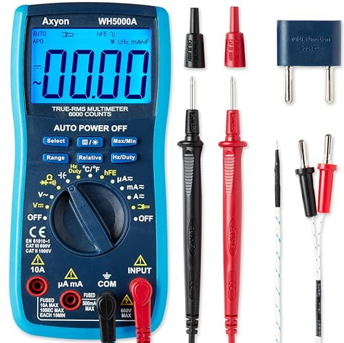 AXYON Digital Multimeter TRMS 6000 Counts, Voltage Tester, Circuit Tester, Auto/Manual Ranging, Backlit LCD, Current, Resistance, Capacitance, Frequency, Temperature, Durable Case with Magnetic Strap