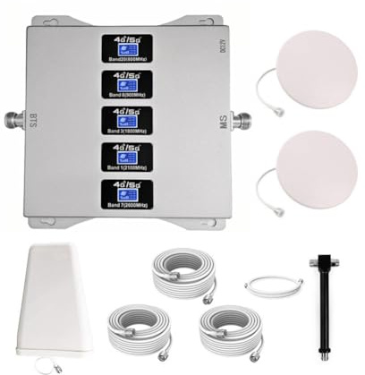 KKBSTR Amplificador Señal Movil, 5 Bandas 800/900/1800/2100/2600MHz, Repetidor Señal Movil 2G 3G 4G 5G, Dos Antenas Interiores
