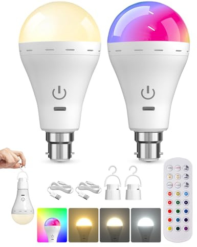 BrightArk Bombilla recargable RGB con control remoto, 3 colores + bombilla RGB recargable por USB B22, bombilla de batería de emergencia regulable con temporizador y tacto para el hogar, fiesta
