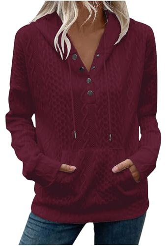 KUIH Hoodies for Women UK Drawstring Hooded Jumper Pullover Button V Neck Long Sleeve Sweatshirt Cable Tunic Sweater Ladies Fleece Sweatshirt Autumn Winter Top Basic Sweaters Women Thermal Tops