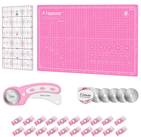 Juego de cortadores giratorios – Kit de acolchado incluye cortador de tela de 45 mm, 5 cuchillas giratorias adicionales, alfombrilla de corte autorreparable A3, regla acrílica y clips de costura