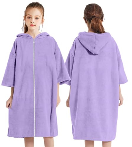FANSU Poncho de Bain Enfants Garçons Filles Grande Taille, Poncho de Bain Surf Séchage Rapide Microfibre Serviette de Plage avec Capuche et Fermeture Éclair pour Natation, Surf (Violet,63x85cm)