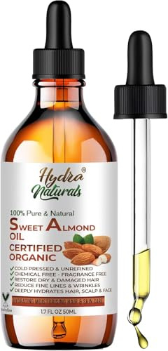Hydra Naturals 100% Pure Sweet Almond Oil, Cold Pressed & Natural, for Hair, Skin, Face & Nails, Moisturising, Anti-Ageing, Fast Absorbing, 50ml Carrier Oil for Massage & Aromatherapy, UK Made