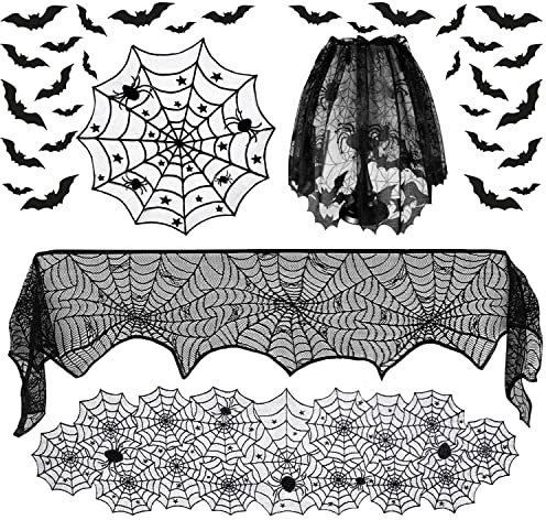 40Pcs Halloween Tischdecke Deko, Halloween Tischdeko Spinnennetz Rechteckige Kamin Schal Runde Tischdecke mit 36 Stück 3D Fledermaus Wandaufkleber, Halloween Deko für Wohnzimmer Esszimmer Kamin