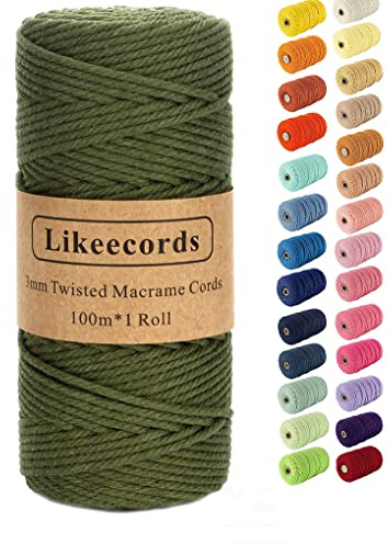Likeecords makramésnöre 3 mm x 110 yards (101 m), färgat makramésnöre, bomullssnöre, makramégarn, färgglatt bomullspysselsnöre för upphängning, växthängare, pyssel, stickning (armégrön)
