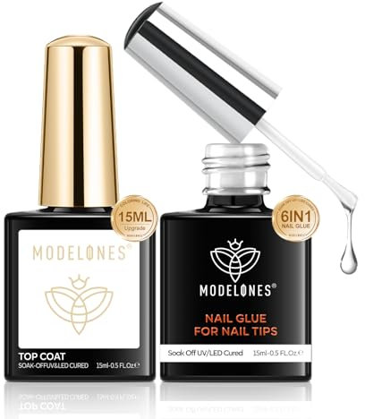 modelones Top Coat und Nagelkleber 6 in 1 Set, 2x 15 Ml No Wipe Top Coat, Nail Glue Base Gel Base Coat, Nagelkleber Für Kunstnägel, Geeignet für gefälschte Nagelspitzen Kleber, Manicure Salon DIY