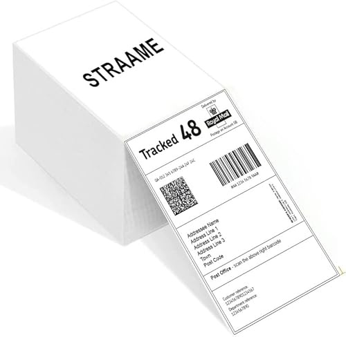 Straame - Thermal Shipping Barcode Labels - 4x6 Inch - Fanfold Permanent Adhesive & Commercial Grade for Direct Thermal Printer - Compatible with Amazon, Royal Mail, FedEx - White (Pack of 1000)