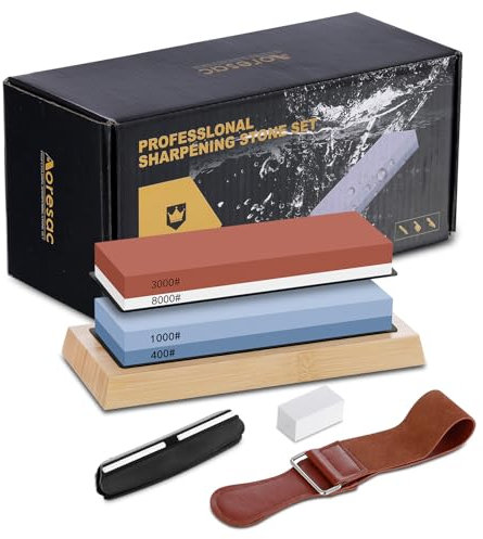 Aoresac Pietra Affilacoltelli, Pietra per Affilare 400/1000 3000/8000 Grana con Coramella in Pelle, Pietra Appiattitrice, Base in Bambù, 2 Basi in Gomma Antiscivolo, Guida Angolare