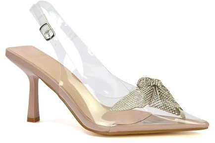 ESSEX GLAM Womens Clear Slingback Heels Ladies Pointed Toe Nude Perspex Jewel Bow Court Shoes Size 7