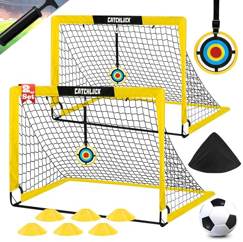 CATCHLUCK Fotbollsmål för Trädgård Barn Fotbollsmål Pop Up Fotbollsmål 2st Set med fotboll, 6 fotbollskon, 8 U-formade markspikar och bärväska-120x90x90