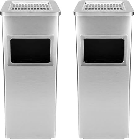HUOLE Cenicero de Pie Rectangular para Exteriores de Acero- Cenicero Exterior con Papelera Extraíble. Papelera con Rejilla para Apagar Cigarrillos. 35L-24 * 24 * 60 cm-2 ud.-plata
