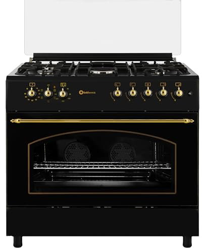 SOLTHERMIC F9L50E5R COCINA GAS CON HORNO ELECTRICO NEGRA RUSTICA CON MANDOS DORADOS/ANCHO 90 CMS / 5 FUEGOS/HORNO PANORAMICO 115 L. / GAS BUTANO Y GAS CIUDAD/ENTREGA A DOMICILIO