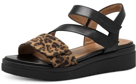 Tamaris Comfort Damen Sandalen flach aus Leder mit Klettverschluss, Mehrfarbig (Black/Leo), 36 EU