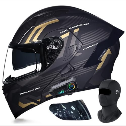 Klapphelm mit Bluetooth Doppelvisier Modularer Helm Mit Gesichtsmaske Geliefert ECE Zertifiziert Motorradhelm Abnehmbares Futter mit Eingebautem Mikrofon für Automatische Reaktion