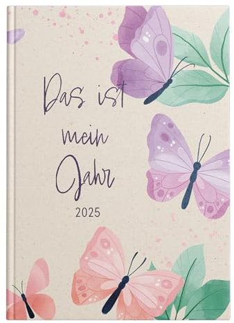 Idena 11143 - Taschenkalender DIN A7 2025 Mein Jahr, 1 Woche auf 2 Seiten, Terminplaner mit Softcover-Einband, Schmetterlingsmotiv und Leseband