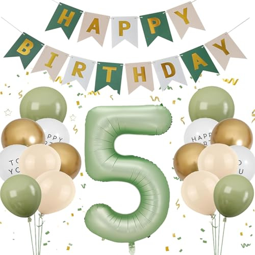 5. Födelsedagsdekoration salviagrön, dekoration 5-årsdag flickor pojkar, födelsedagsdekoration 5 år, olivgrön siffror 5 ballong Happy Birthday folieballong 5 grön guld, ballong 5 dekoration för
