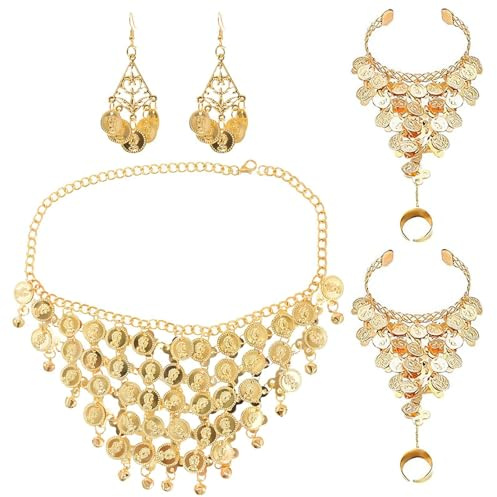 RELKLYU 1 Collana, 1 Paio di Orecchini E 1 Paio di Bracciali, Accessori per Costumi di Danza del Ventre, Accessori Vintage, Accessori per Le Performance di Danza.