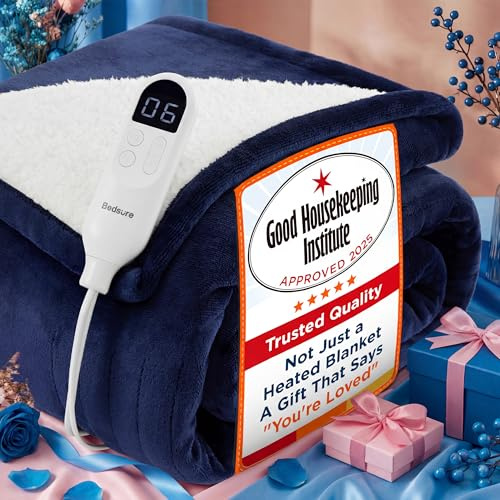 Bedsure Electric Blanket Heated Throw - 6 Heat Levels & 10 Timer Settings, Ultra-Soft Flannel & Sherpa Fast Heating Throw, 130x160cm, Overheat Protection, Navy