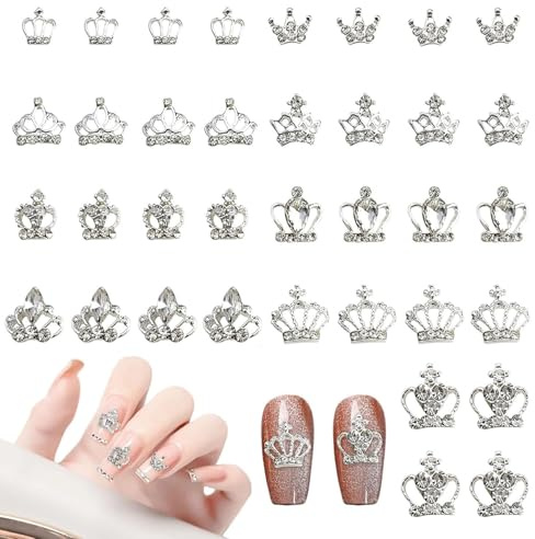 Lot de 36 breloques couronne pour ongles - Strass - Couronne - Pierres précieuses - Alliage argenté - Décoration d'ongles - Accessoires pour femmes et filles - Design de manucure - Bricolage